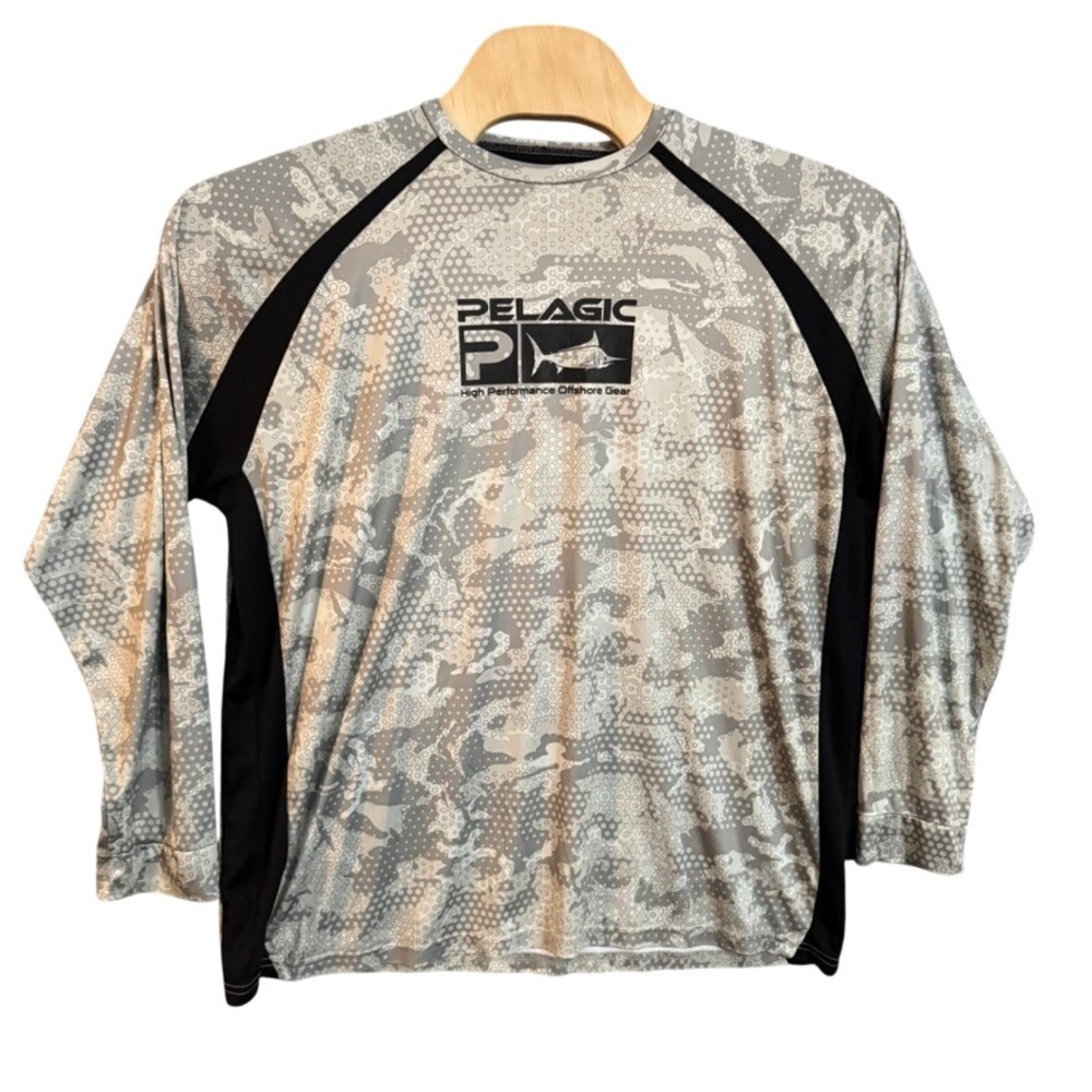 Pelagic Mens Grey Hex Camo Long Sleeve Performance Fishing Shirt 3XL